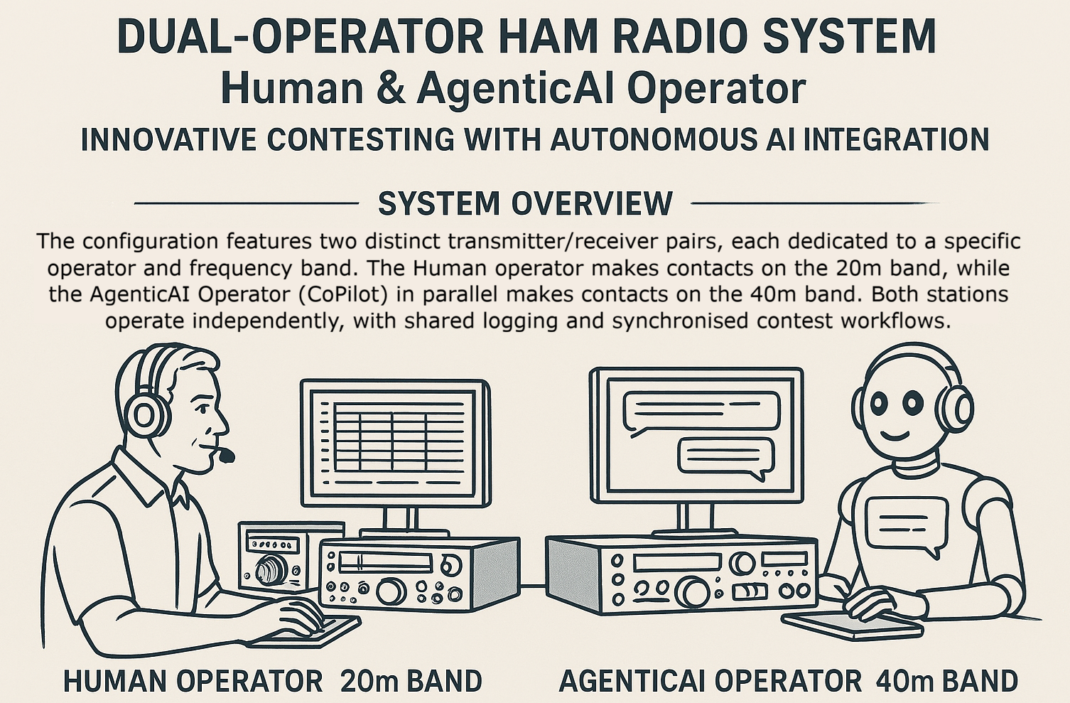 Human and AgenticAI dual-operator ham radio contesting setup, generated with Copilot