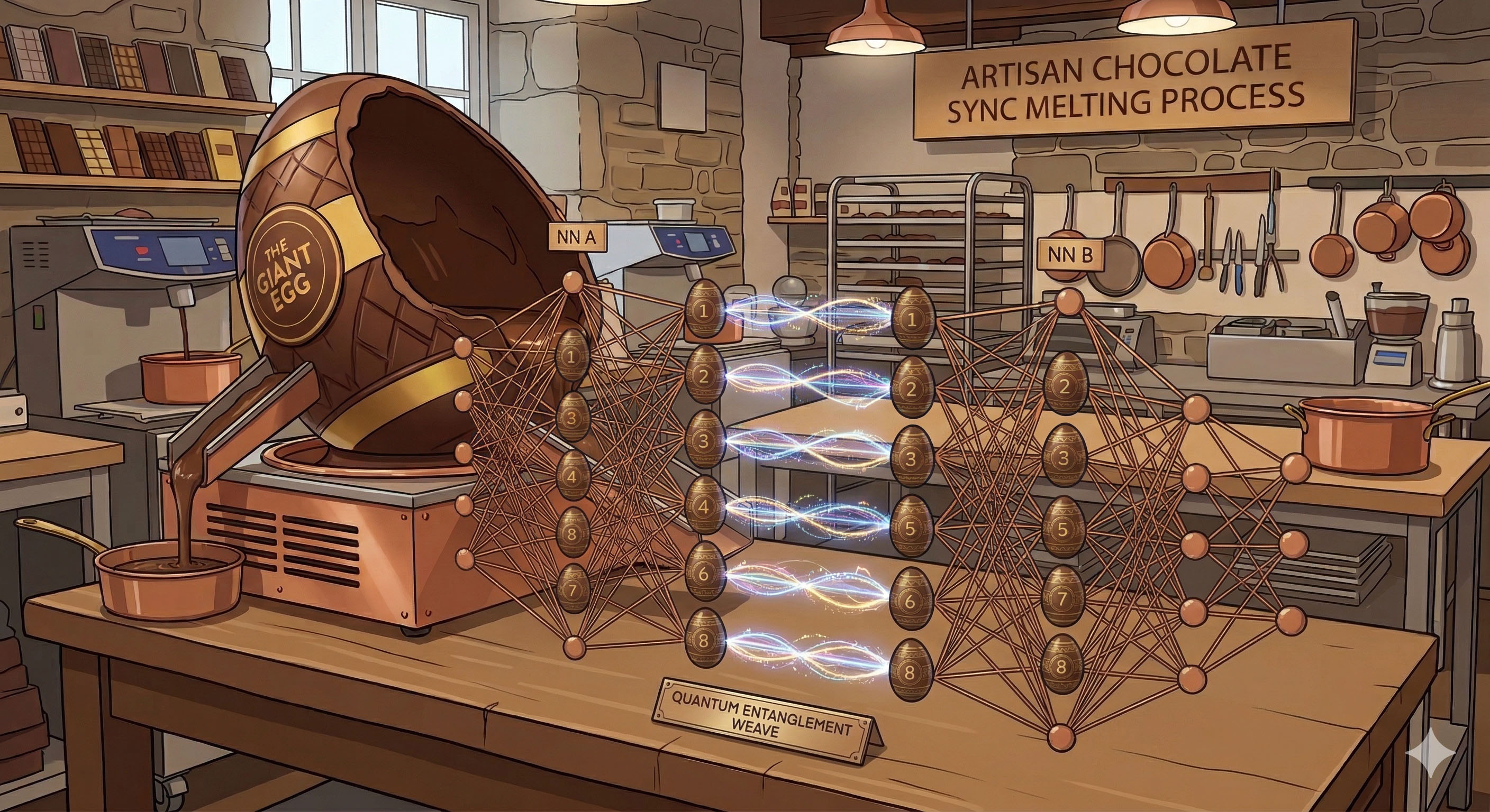Chocolate Egg Quantum Entanglement of Neural Networks - Image Generated by Gemini
