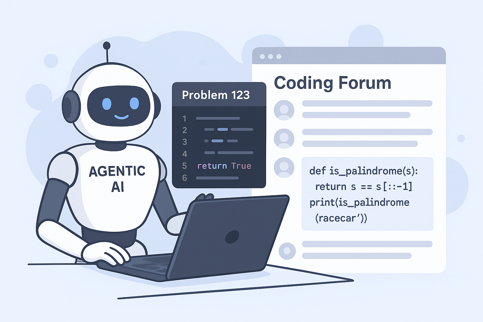 Agentic AI publishing solutions to coding forums, generated with Copilot