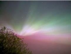 This picture shows the aurora overhead of the observer and it's an aurora corona with multiple field lines radianting out from a central point in the colours red, green and pinkish white in Telford Shropshire UK