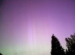 This picture of the aurora over The Rock in Telford Shropshire shows a purple sky with purple beams aurora running vertically with a green rippled aurora curtain reaching up from the horizon